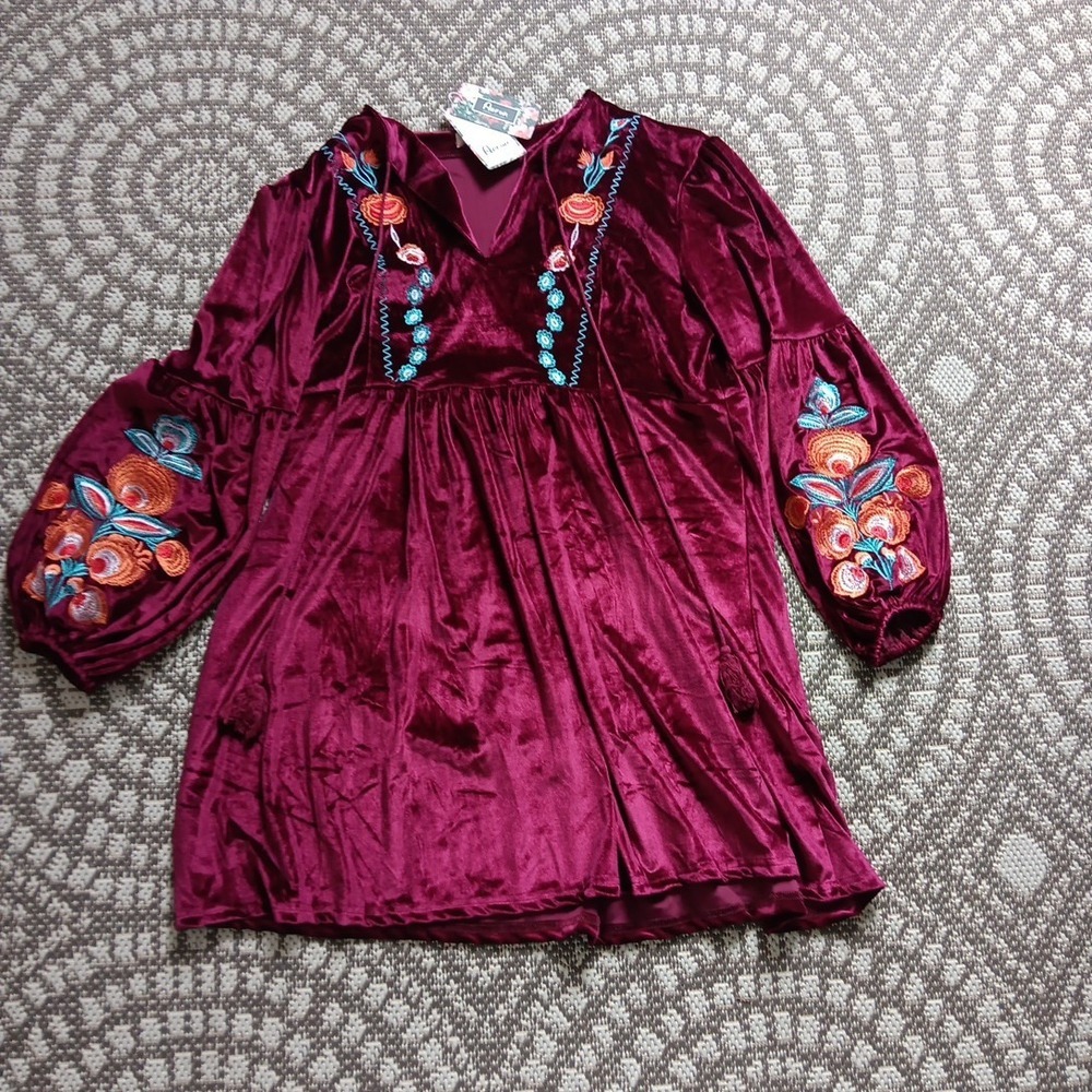 NWT Aofur Velvet Dress Womens Plus 2XL Red Embroidered Boho Popover Peasant Chic - Picture 6 of 12